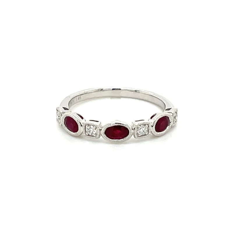 large engagement rings -Oval Ruby and Diamond Band in 14 Karat White Gold