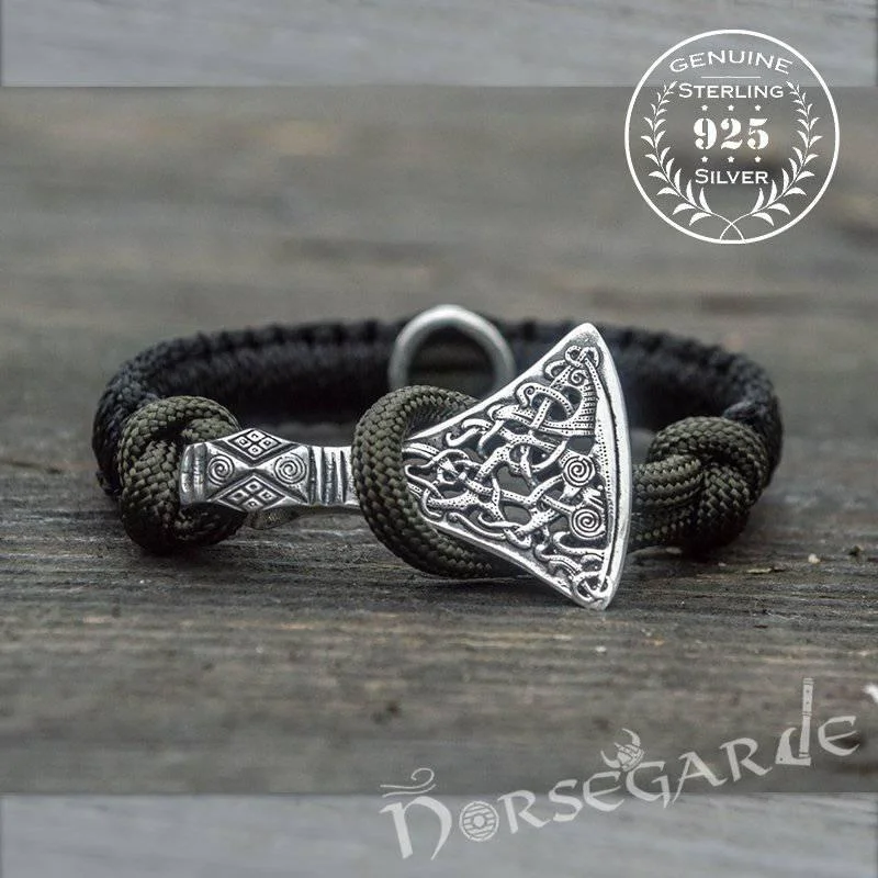 elegant bracelets for women -Handcrafted Black Paracord Bracelet with Axe Head and Rune - Sterling Silver