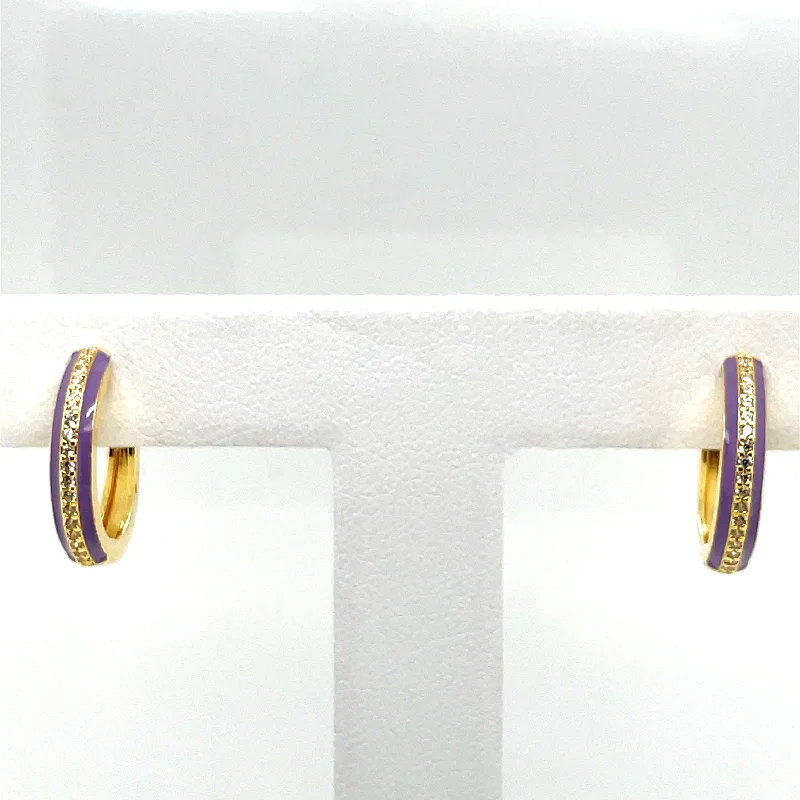 fashion earrings for women -SMALTO - Silver 925 Gold Plated & Purple Enamel Hoop Looped Earrings