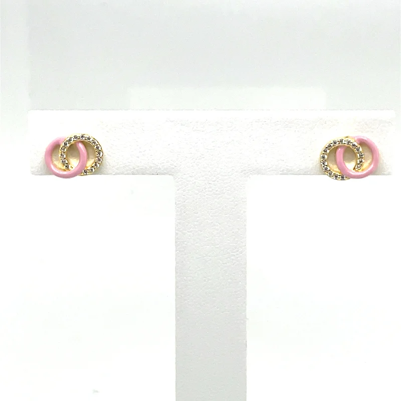 bohemian earrings for women -SMALTO - Silver 925 Gold Plated & Pink Enamel Stud Earrings