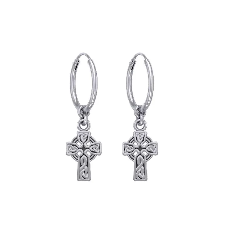 statement gold earrings for women -Celtic Knotwork Cross Silver Hoop Earrings TER2061