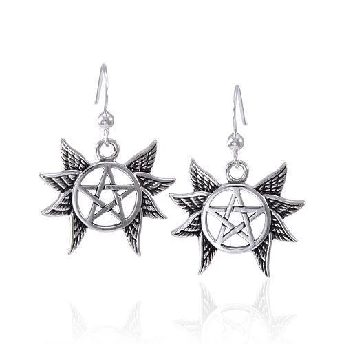 wedding earrings for women -Winged Pentagram Silver Earrings TER1576