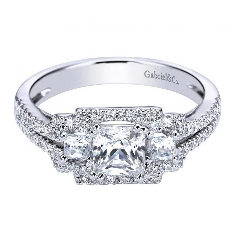 women’s engagement rings -3-Stone Princess Cut Pave Frame Diamond Ring .84Cttw 14K Gold