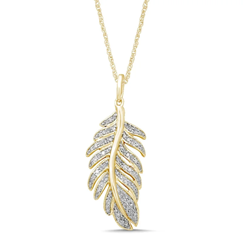 large statement necklaces for women -Brilliant Feather Necklace with 0.20ct of Diamonds in 10ct Yellow Gold