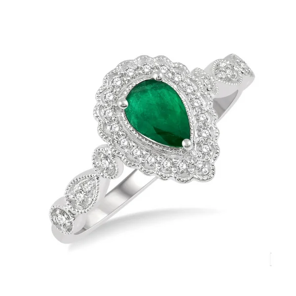 engagement rings with natural stones -10 Karat White Gold 1/6ctw Pear Shape 6x4mm Emerald and Round Cut Diamond Ring