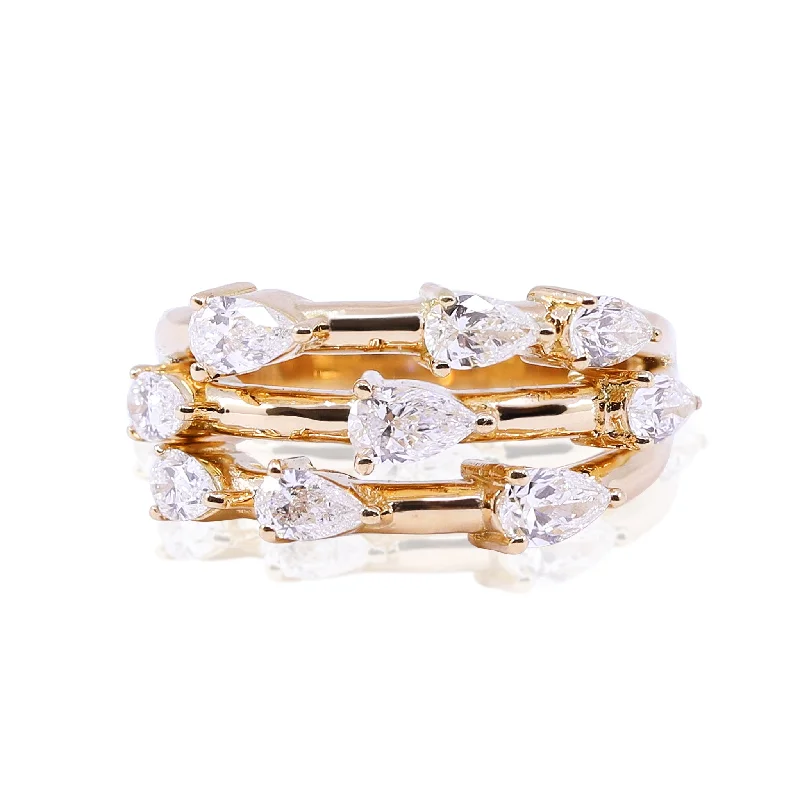 timeless engagement rings for women -18K YELLOW GOLD TRIPLE ROW PEAR SHAPE DIAMOND BAND 1.30CTW