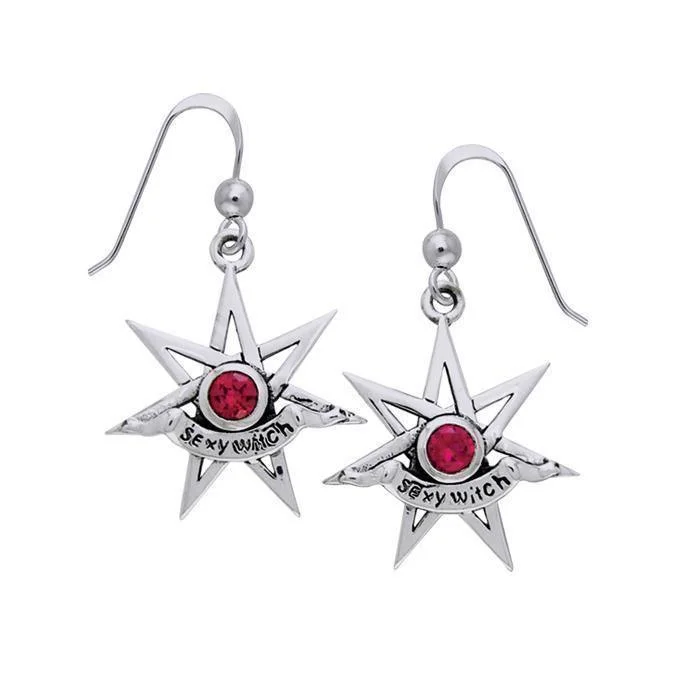 gold earrings for women -Sexy Witch Seven Pointed Star with Gemstone Silver Earrings TER925