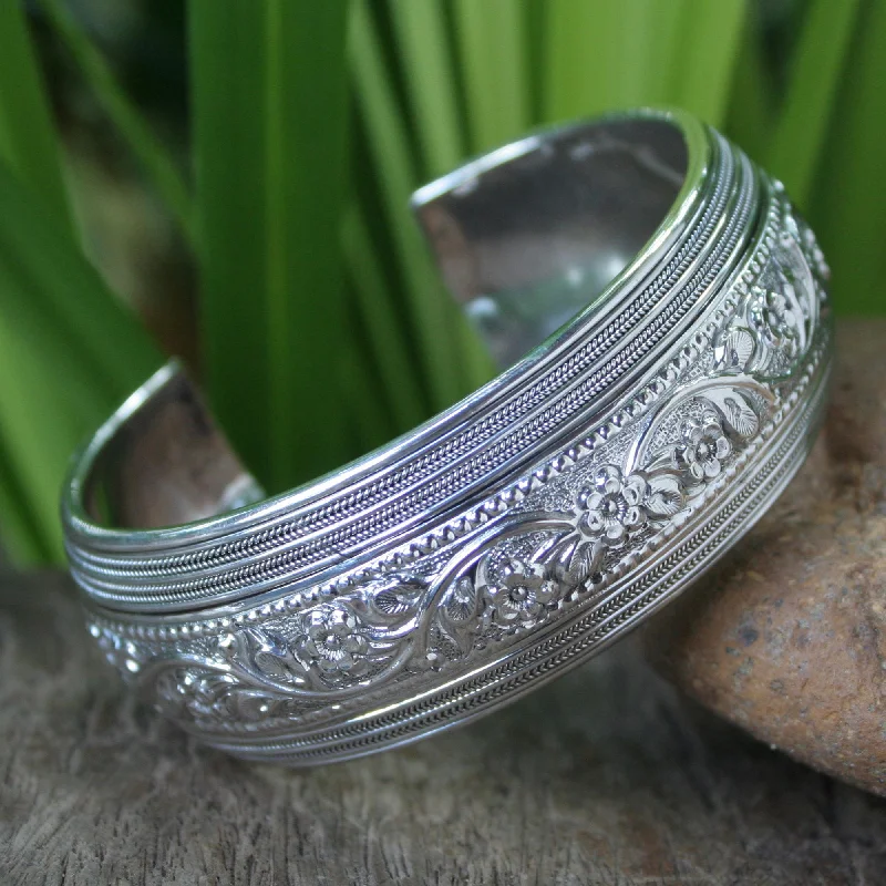 affordable bangles for women -Floral Imagination Silver Cuff Bracelet