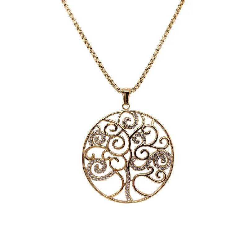 luxury fashion necklaces for women -Yellow Stainless Steel Pave Crystal Tree of Life Necklace