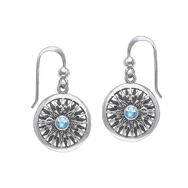 elegant earrings for women -Sail to happiness and contentment Celtic Knotwork Compass Sterling Silver Hook Earrings with Gemstone TER035