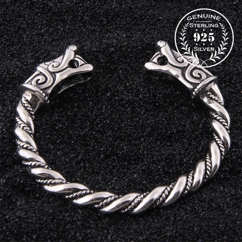 adjustable charm bracelets for women -Fenrir Head Torc Bracelet - Sterling Silver