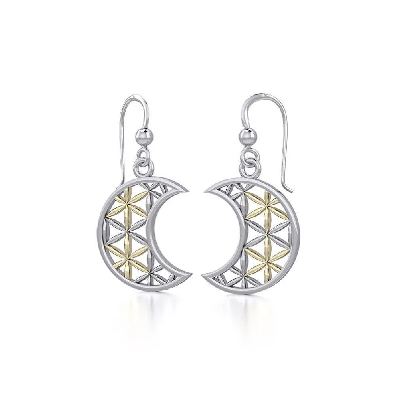 affordable diamond earrings for women -The Flower of Life in Crescent Moon Silver and Gold Earrings MER1780