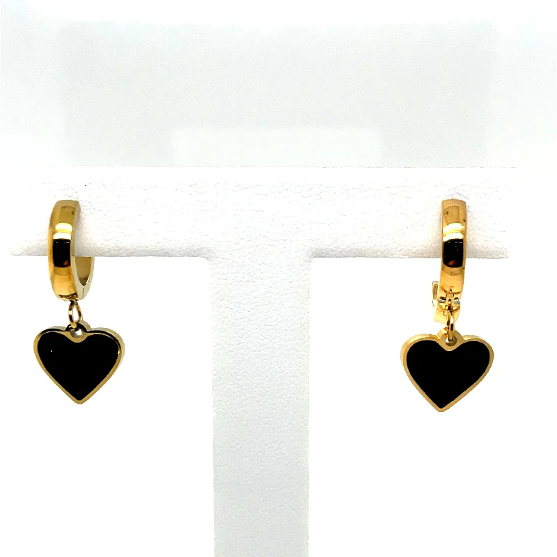 elegant hoop earrings for women -Gold Plated & Black Heart Hoop Earrings Ref:EA58460BG