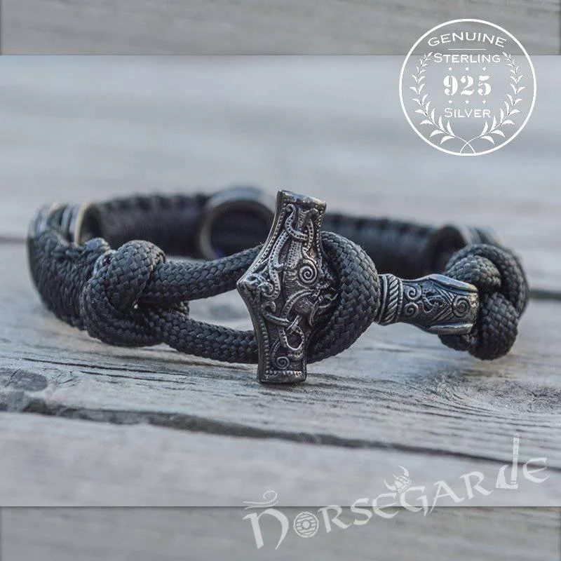 bridal bangles for women -Handcrafted Ash Paracord Bracelet with Mjölnir and Runes - Ruthenium Plated Sterling Silver