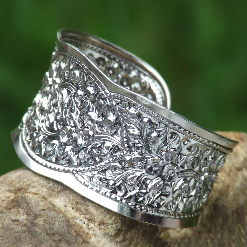 women’s stacked bracelets -Camellia Princess Silver Cuff Bracelet