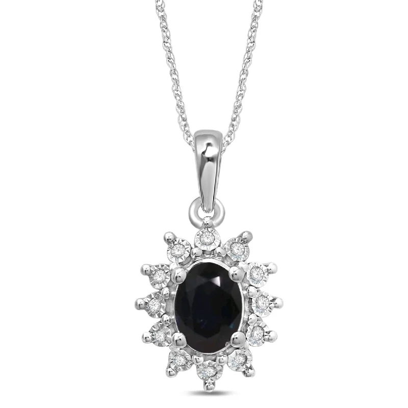 bohemian necklaces for women -Oval Created Sapphire Necklace with 0.05ct of Diamonds in Sterling Silver