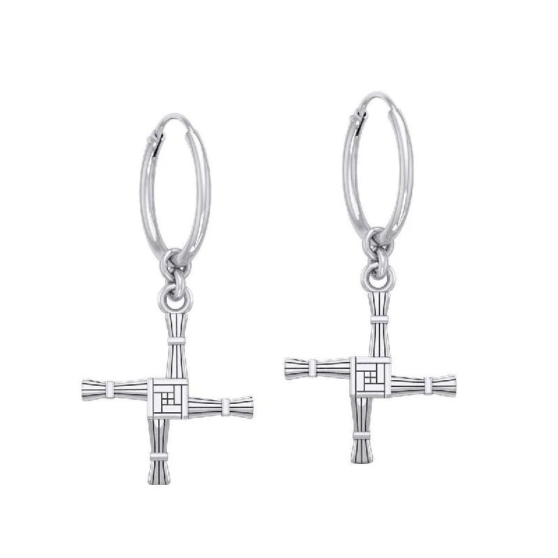 dangling gold earrings for women -Small Brigids Cross Silver Hoop Earrings TER2106