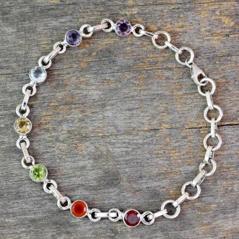 women’s cuff bracelets -Inner Space Carnelian Multi-Gem Silver Link Bracelet