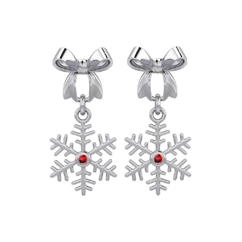 diamond hoop earrings for women -Ribbon with Snowflake Sterling Silver Post Earrings With Dangling Gemstone TER1855