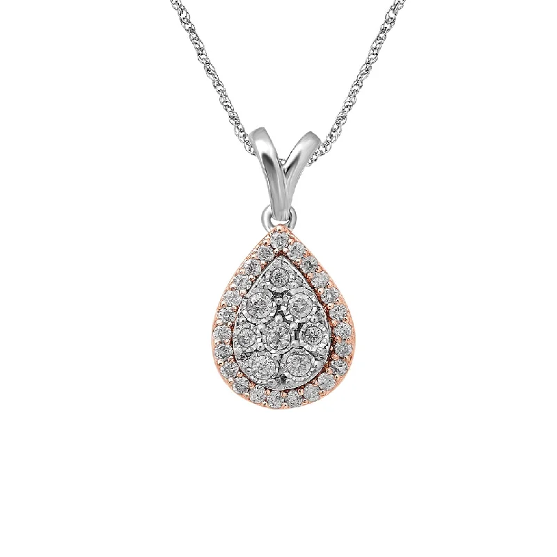 sparkling crystal necklaces for women -9ct White & Rose Gold 0.25ct Diamond Pear Miracle Set Halo Pendant