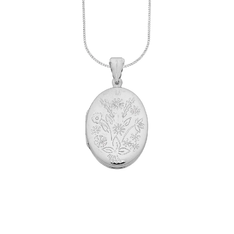 vintage style necklaces for women -Sterling Silver Flower Engraved Oval Locket Necklace