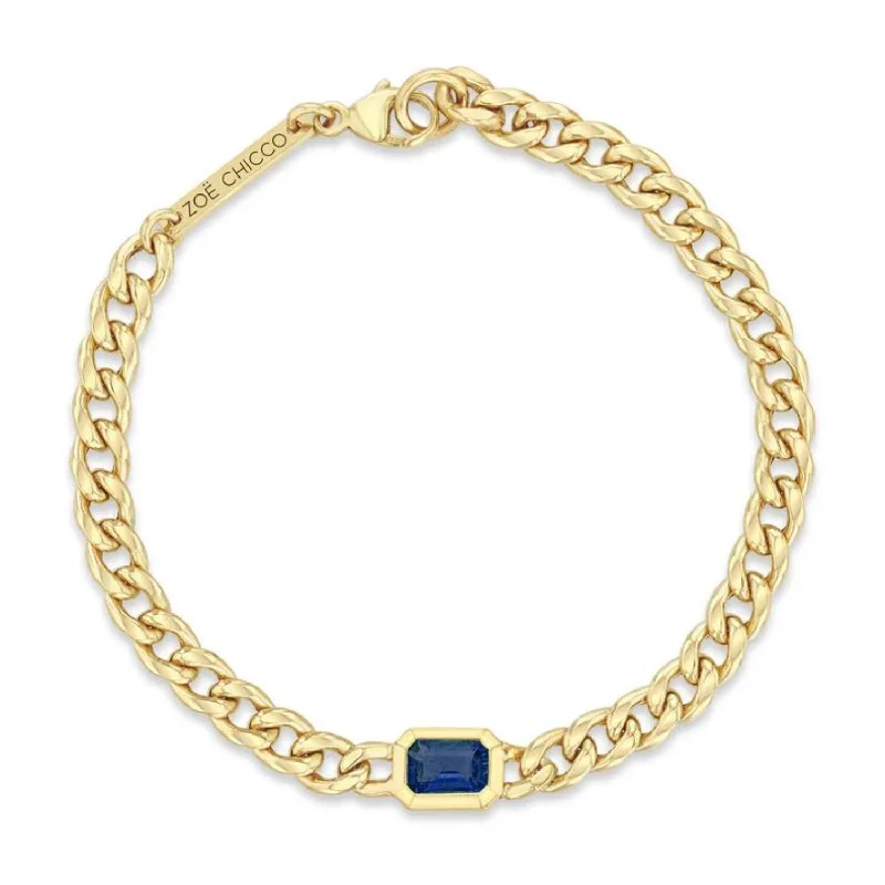 trendy cuff bracelets for women -14K Curb Chain Blue Sapphire Bracelet, 7"