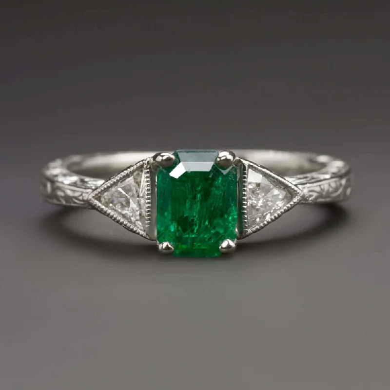 classic engagement rings for women -1.40ct EMERALD DIAMOND RING VINTAGE STYLE TRILLION CUT NATURAL 14k WHITE GOLD