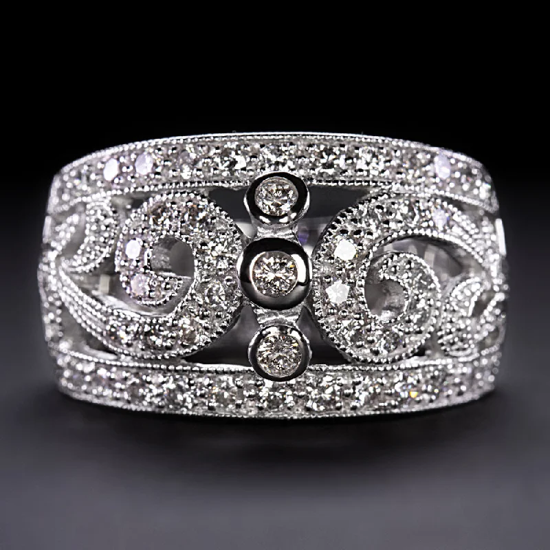 trendy engagement rings for women -VINTAGE STYLE 0.90ct NATURAL DIAMOND RING WIDE COCKTAIL BAND 9.9g 14k WHITE GOLD