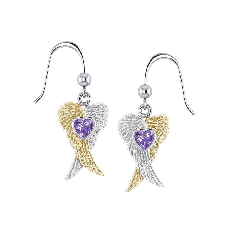 geometric diamond earrings for women -Heart Gemstone and Double Angel Wings Silver and 14K Gold Plate Earrings MER1744