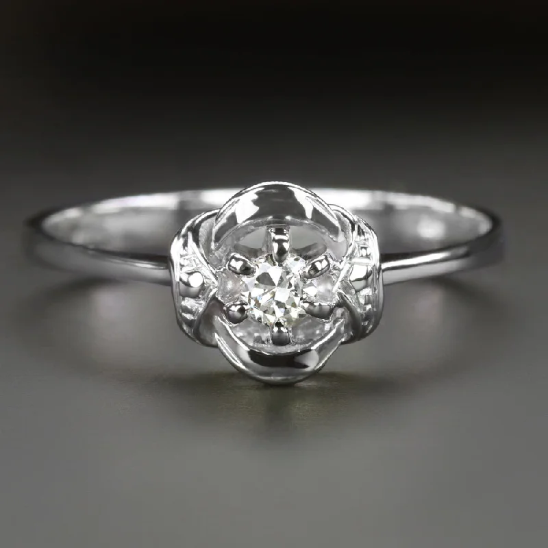 large solitaire engagement rings -VINTAGE DIAMOND RING F-G VS 18k WHITE GOLD RETRO NATURAL SOLITAIRE PROMISE RING