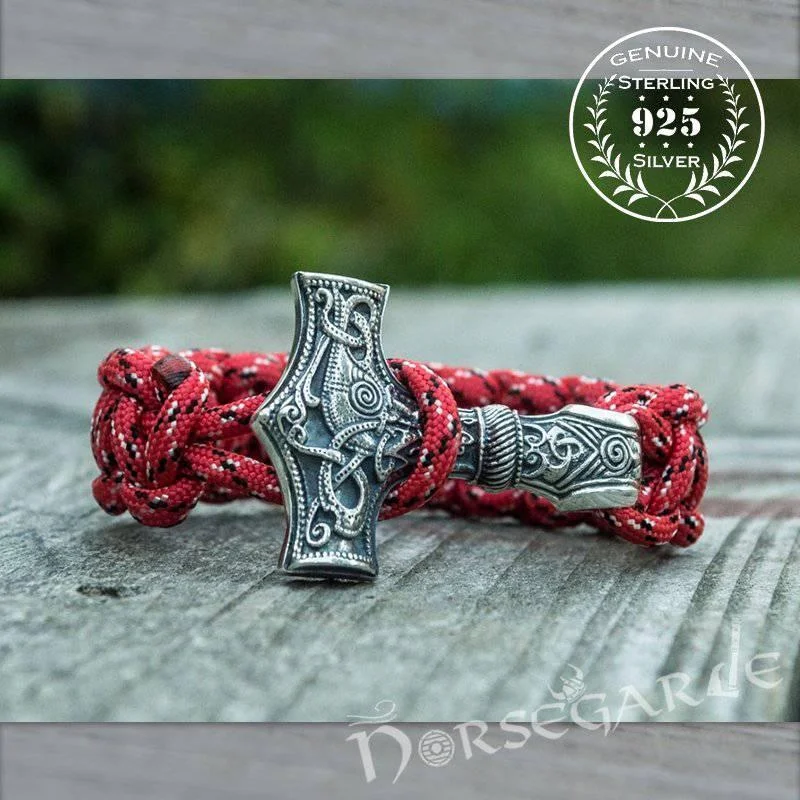 luxury silver bangles for women -Handcrafted Flare Paracord Bracelet with Large Mjölnir - Sterling Silver