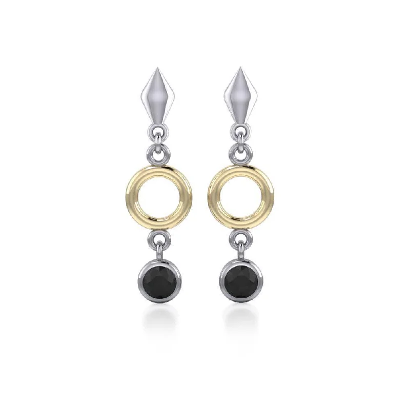 geometric stud earrings for women -Black Magic Circle and Black Spinel Silver & Gold Earrings MER382