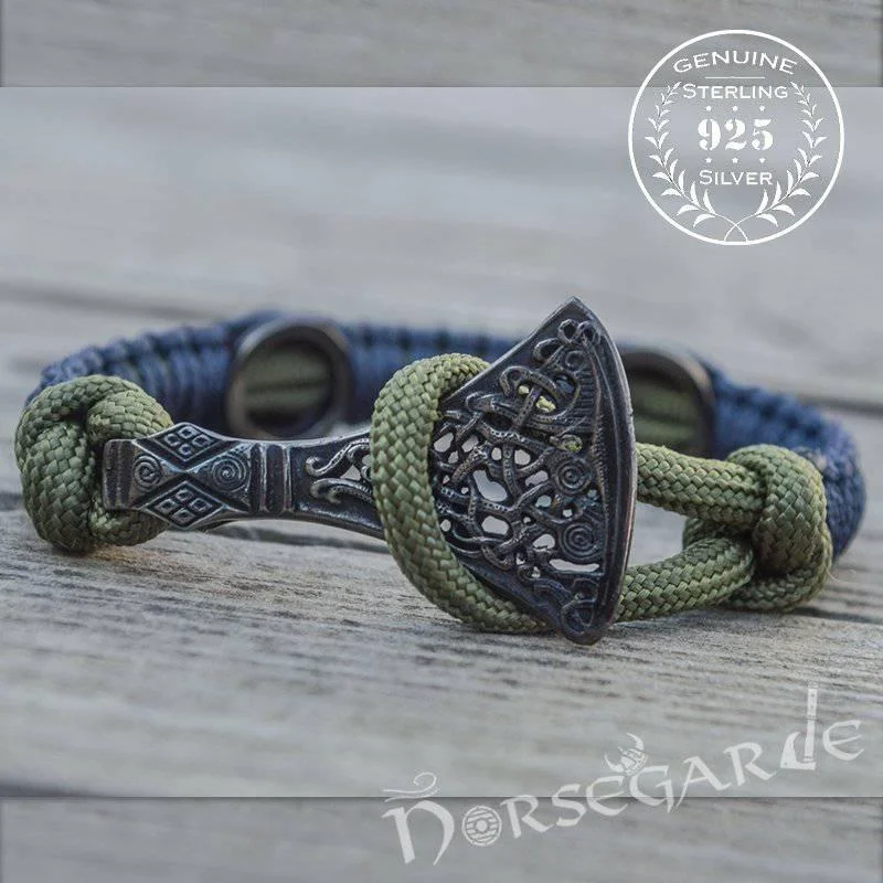 adjustable bracelets for women -Handcrafted Lilypad Paracord Bracelet with Axe Head and Rune - Ruthenium Plated Sterling Silver