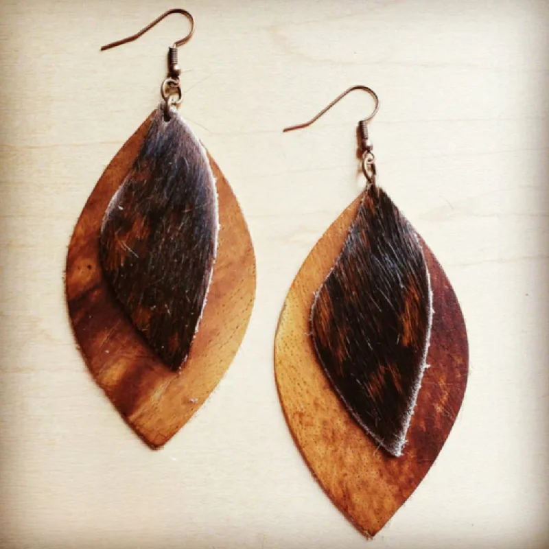 artistic earrings for women -Leather Oval Tan Suede Earrings with Brown Hair-On-Hide Accents