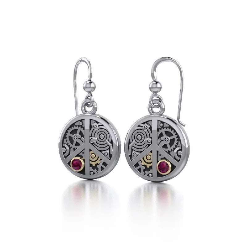 vintage earrings for women -Peace Sign Steampunk Silver and 14K Gold Accent Earrings MER1373