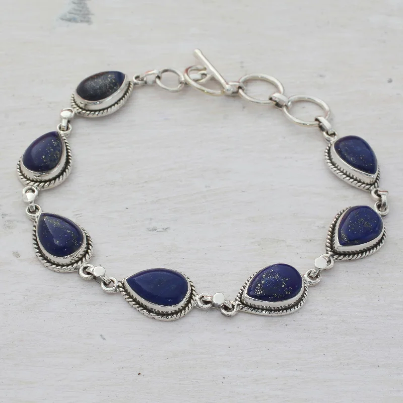 trendy bangles for women -Caressing Rain in Blue Lapis Lazuli & Silver Link Bracelet