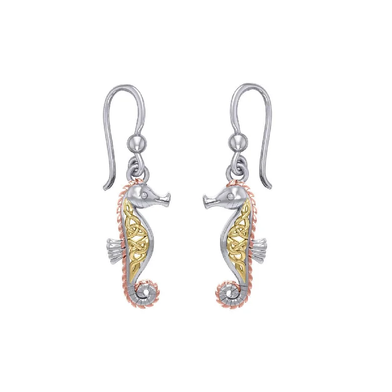 unique earrings for women -Celtic Knotwork Sterling Silver Seahorse Hook Earrings with 14k Gold and Pink accents OER033