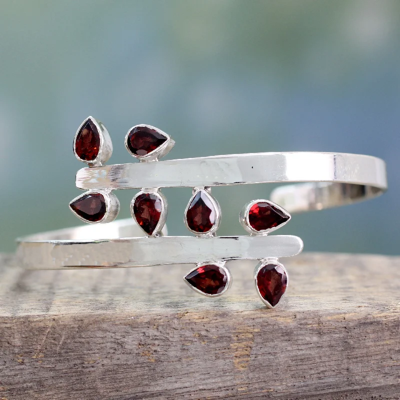 personalized bracelets for women -Red Forest Fern Garnet & Silver Cuff Bracelet