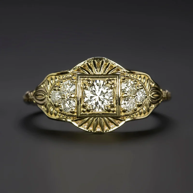 large diamond engagement rings -VINTAGE STYLE DIAMOND RING COCKTAIL FILIGREE 14k YELLOW GOLD NATURAL ROUND CUT