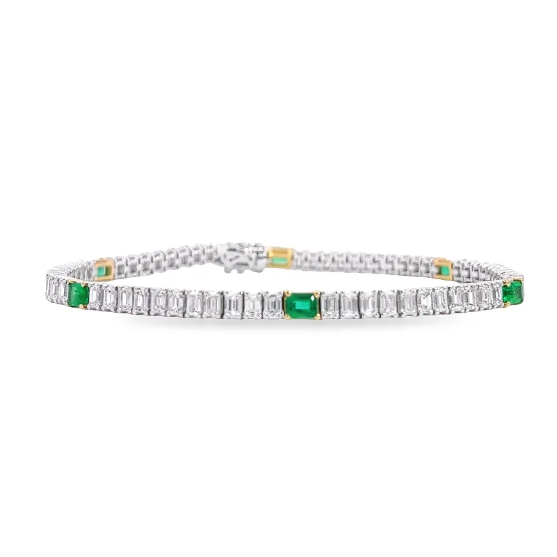 simple bracelets for women -18K White Gold Emerald Cut Emerald and Diamond Tennis Bracelet