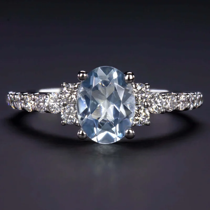 designer engagement rings -NATURAL AQUAMARINE DIAMOND RING OVAL SHAPE 14k WHITE GOLD BLUE PAVE BAND PROMISE