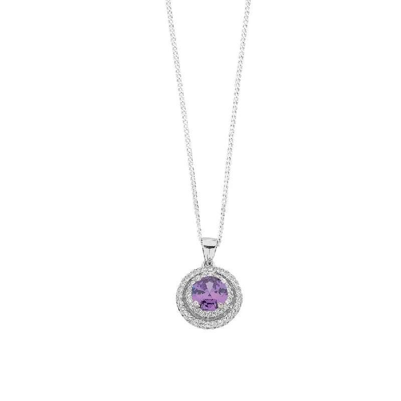 silver necklaces for women -February Birthstone Sterling Silver Purple Cubic Zirconia Halo Necklace