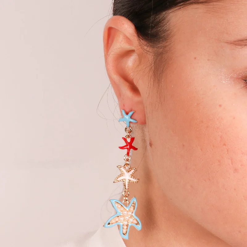 gold drop earrings for women -Earrings with Hanging Colored Starfish