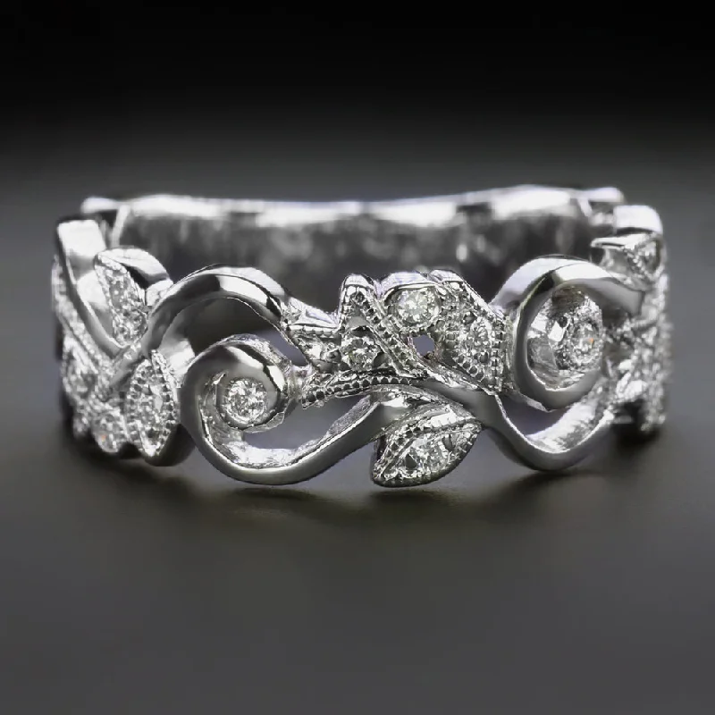 engagement rings with side stones -VINTAGE STYLE NATURAL DIAMOND RING FLORAL SCROLL COCKTAIL BAND 14k WHITE GOLD