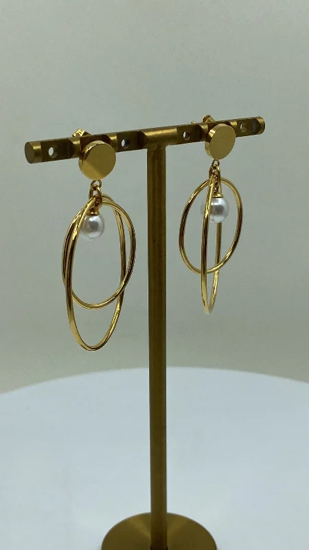 drop earrings for women -Double Hoop Pearl Earrings - Gold filled