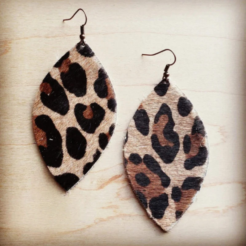 vintage-inspired earrings for women -Leather Oval Earrings in Leopard Print Hair on Hide