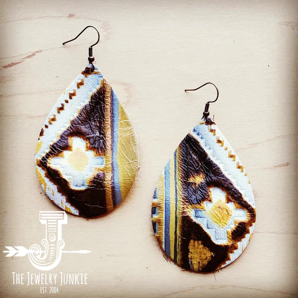 chandelier earrings for women -Leather Oval Mustard Earrings w/ Yellow Navajo Accent