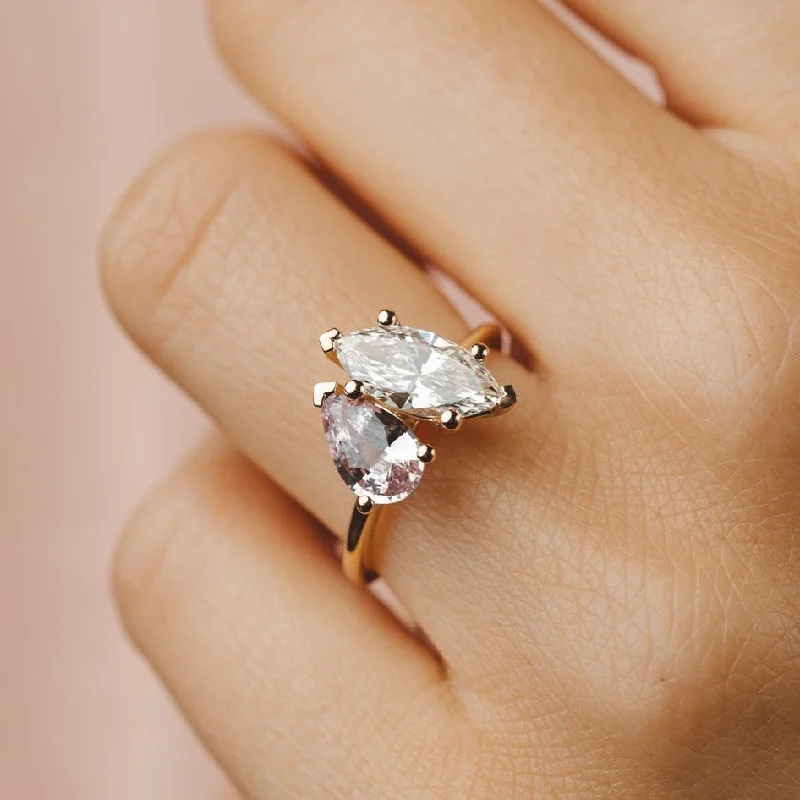 radiant engagement rings -Lara Toi et Moi Pink Sapphire and Marquise Lab Diamond Ring