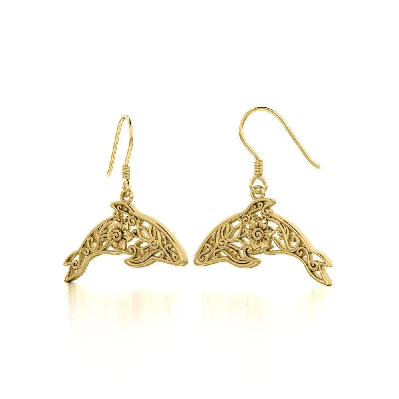 glamorous earrings for women -Dolphin Filigree Hook Earrings in 14K Gold GER1704