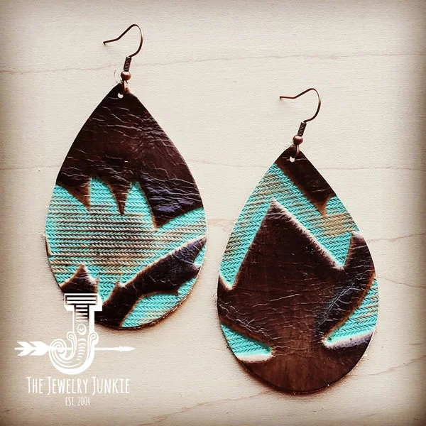 modern earrings for women -Leather Teardrop Earrings-Brown and Turquoise Laredo